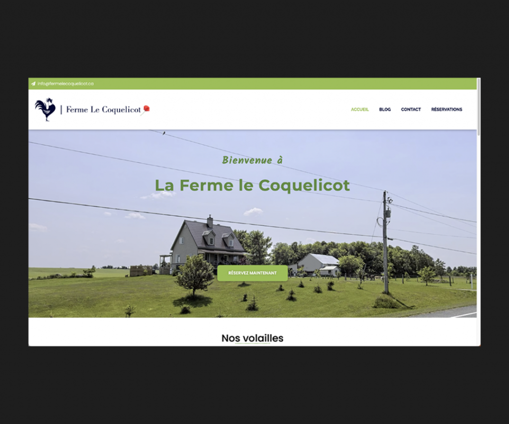 Conception WordPress d'un site web réactif francophone pour une cliente: fermelecoquelicot.ca.