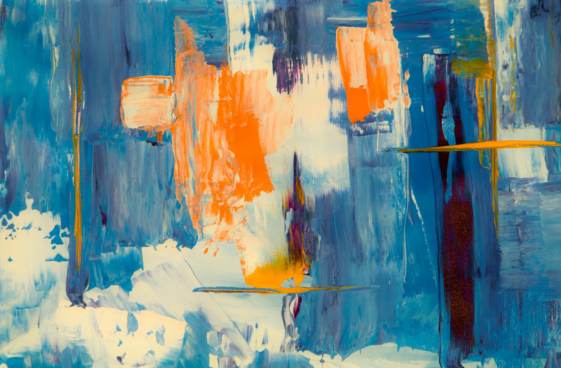 blue white and orange abstract painting